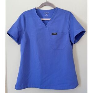 Jaanuu Rhena Essential 1-Pocket Scrub Top V-Neck Short Sleeve Blue Shirt medium